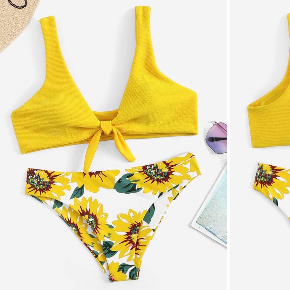 Knot front tie top with floral bikini.